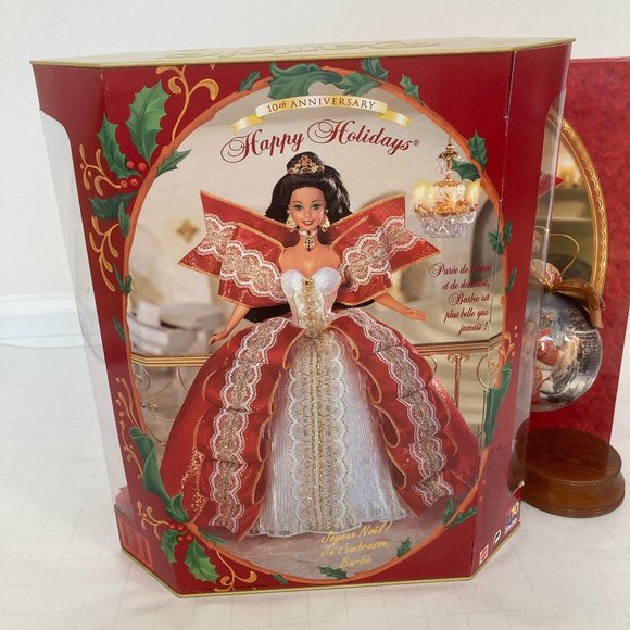 *RARE* FRENCH EDITION Brunette 1997 Holiday Barbie 10th Anniversary Set - Picture 4 of 11